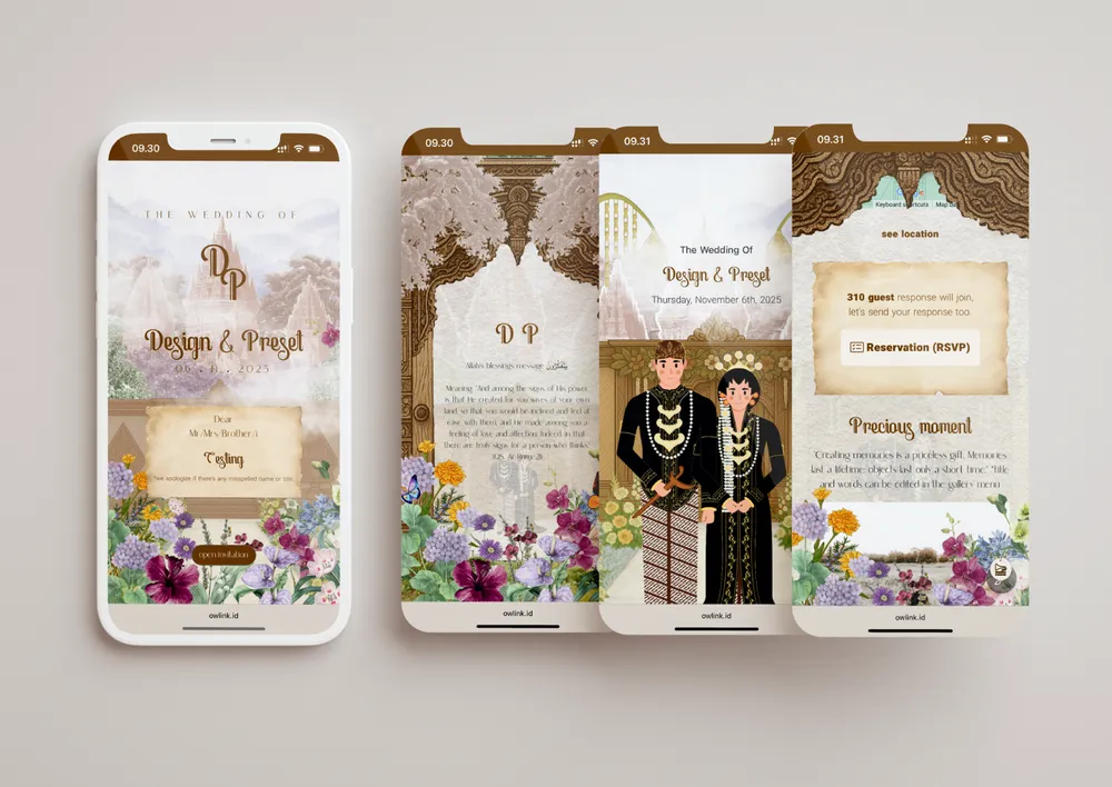 Tampilan desain undangan 3D Javanese di beberapa layar ponsel