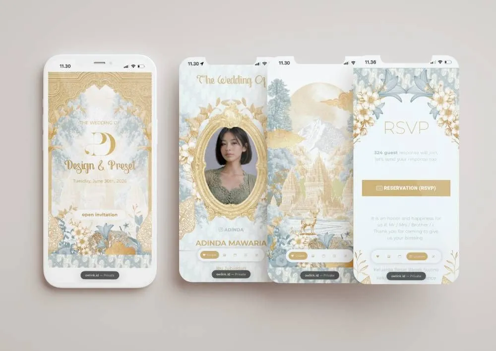 Tampilan desain undangan Luxurious Javanese di beberapa layar ponsel