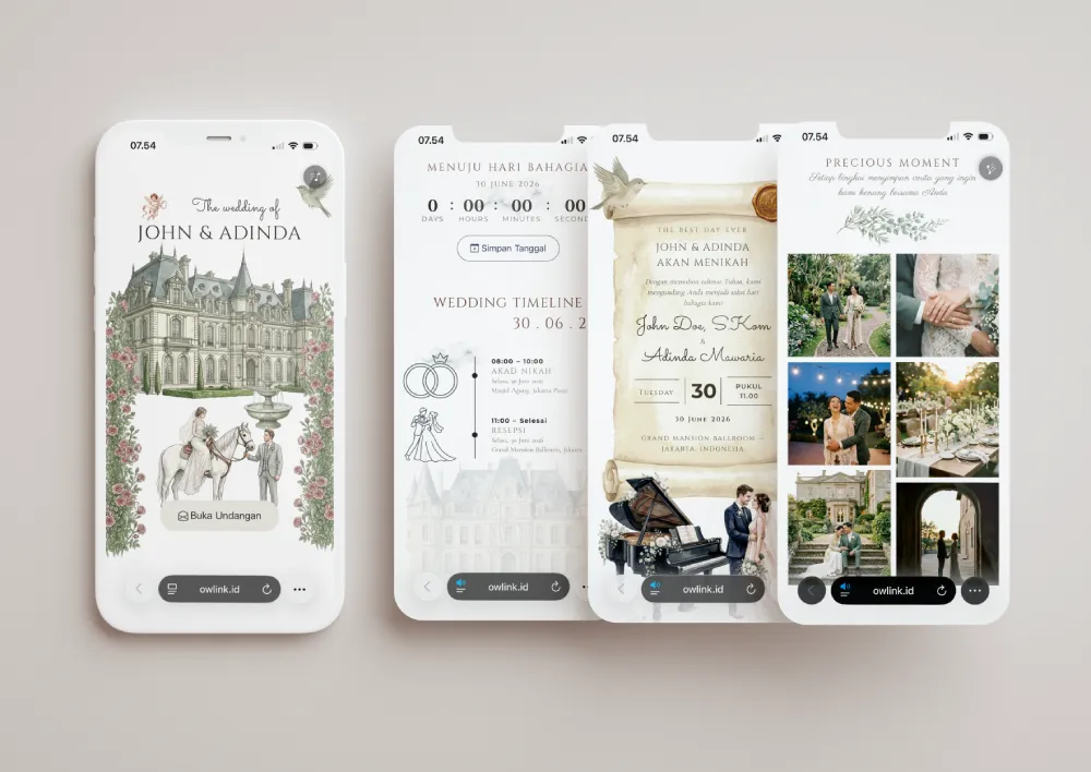 Tampilan desain undangan Henry & Cecily (Chateau Watercolor) di beberapa layar ponsel