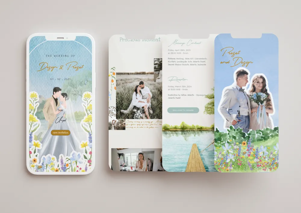 Tampilan desain undangan Joyfull Garden (Parallax) di beberapa layar ponsel