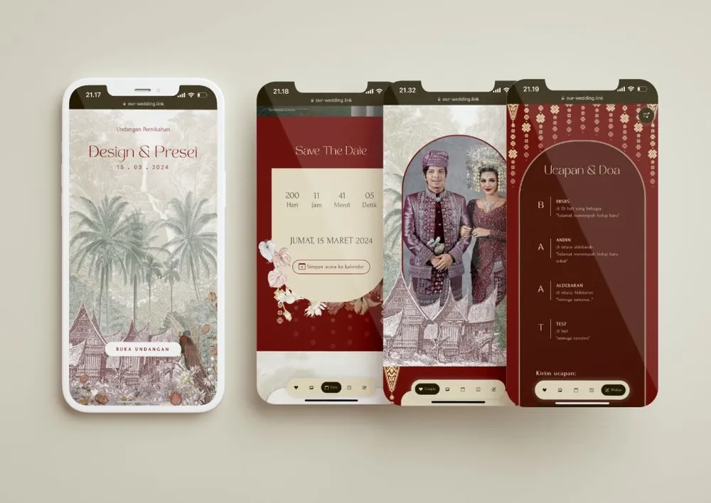 Tampilan desain undangan Traditional Minang di beberapa layar ponsel